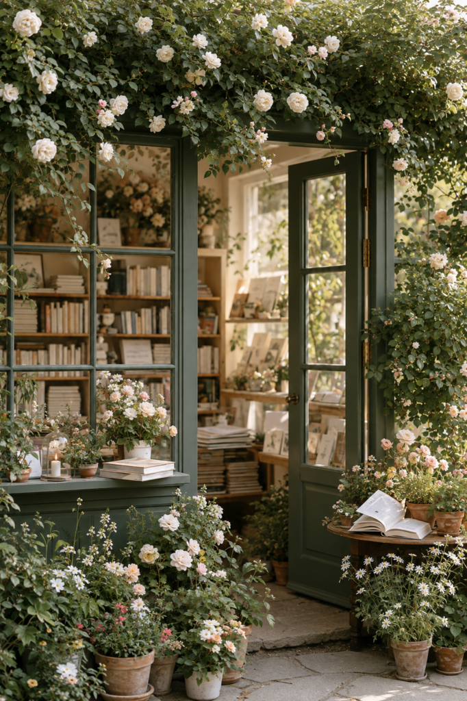 Cottage Bookshop Beneath Climbing Roses