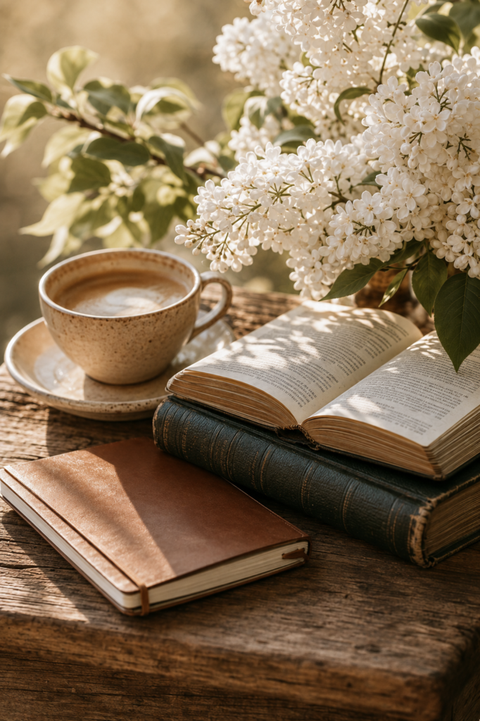 Open Bible, journal, pen, coffee, and white flowers in soft morning light